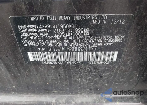 2013 Subaru Impreza 2.0I Sport Premium из США, поврежденный, VIN JF1GPAL68DH824177